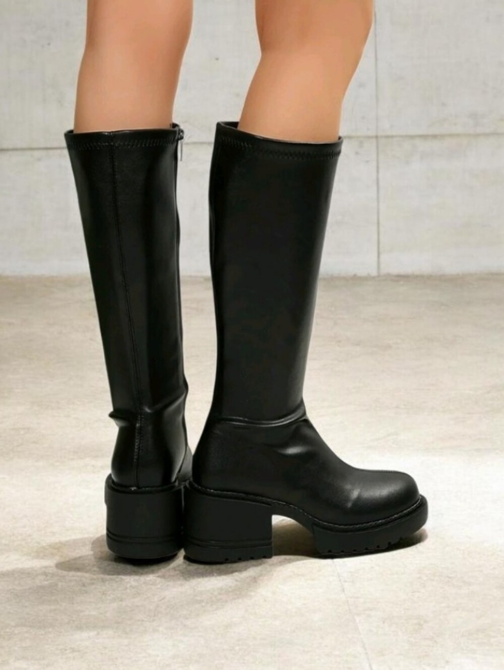 #B505 Black Knee-High Platform Boots - Women